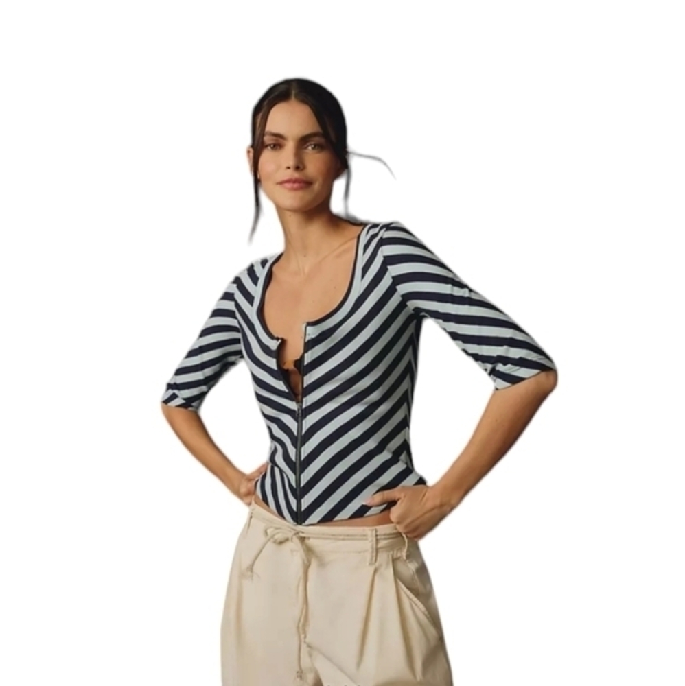 NWT Anthropologie Maeve scoop neck zip up striped Navy  Cotton‎ blend Blouse top
